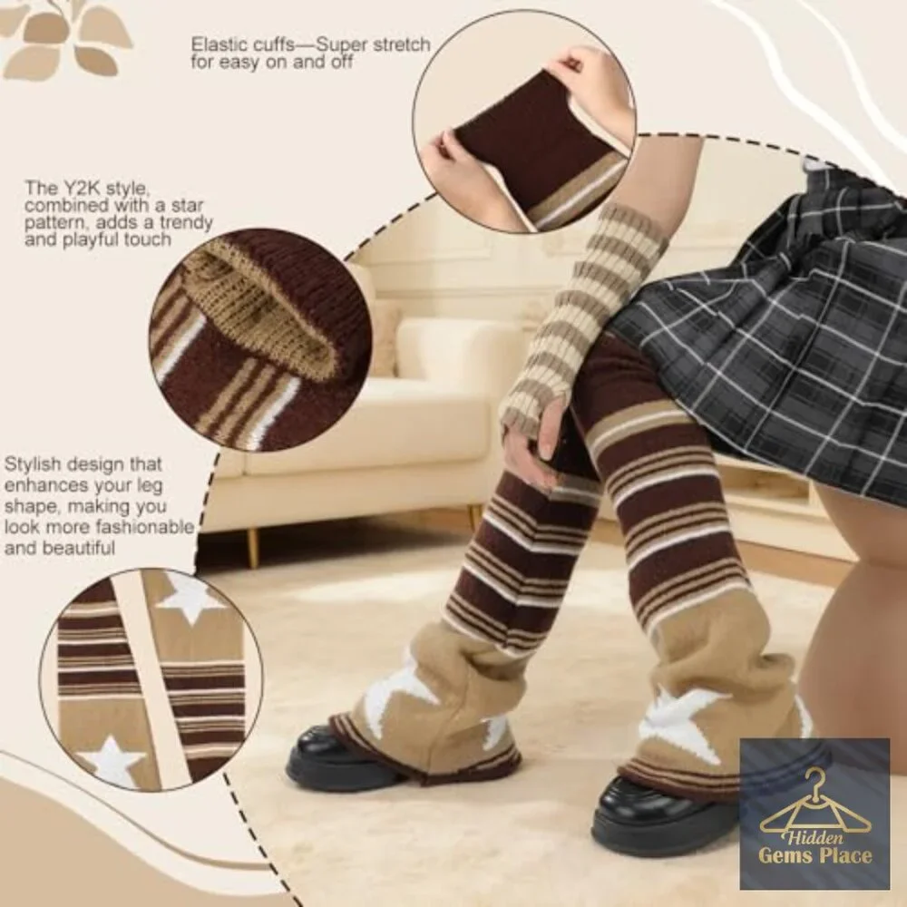 Knit Leg and Arm Warmers Set, Stretchy Thermal Fingerless Sleeves, Y2K Style